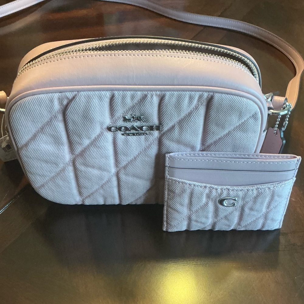 Coach Quilted Denim Crossbody and Matching Card Case in Pale Pink